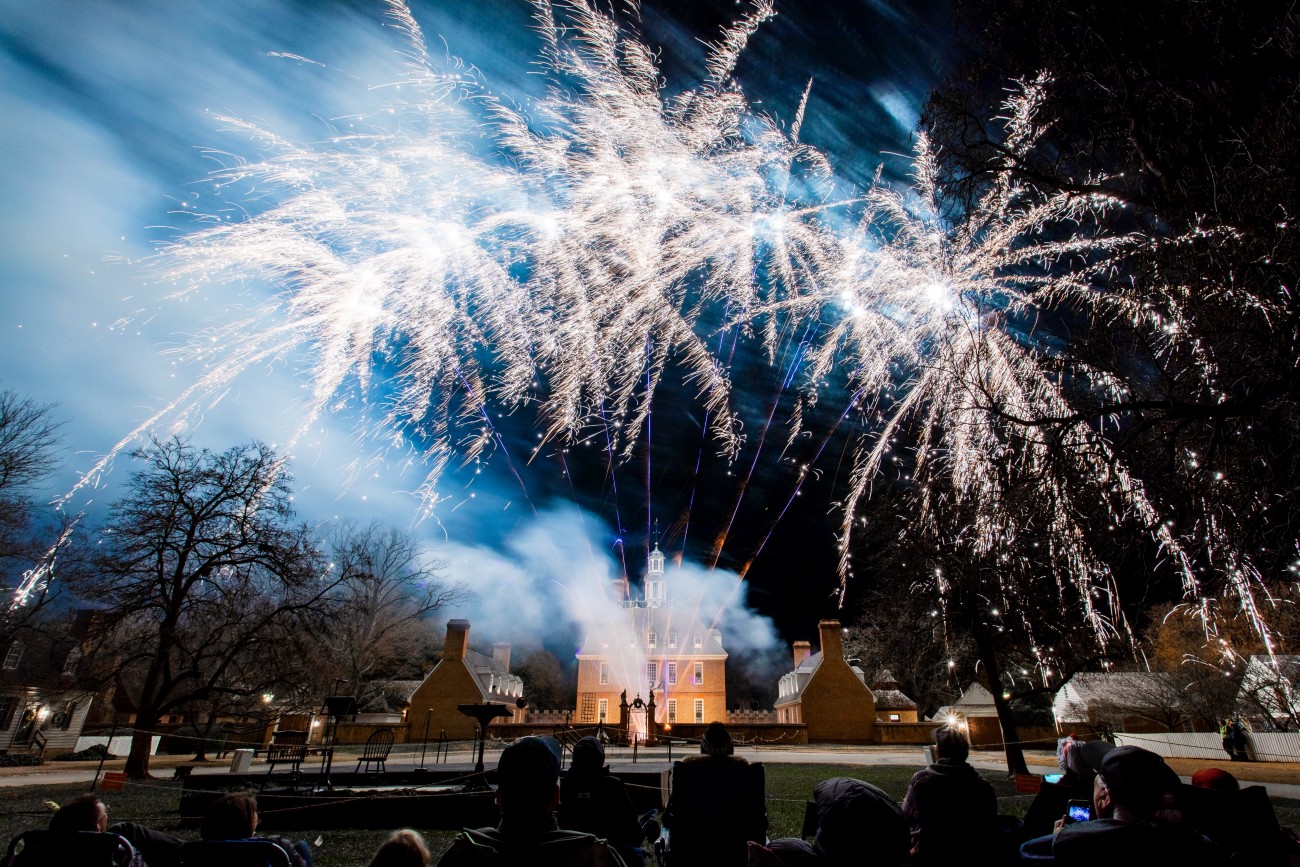 1)	Fireworks burst in the night sky during the Grand Illumination event in Williamsburg, Virginia.