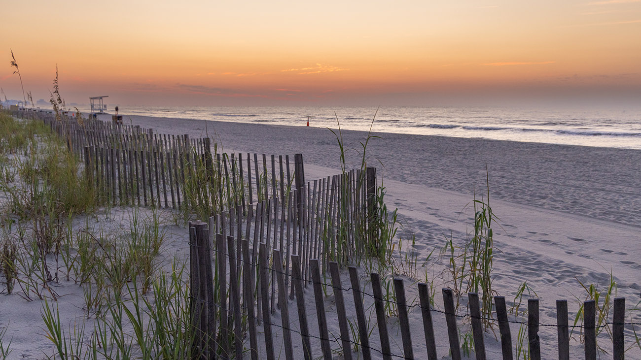 A twilight view of a wooden fence along the dunes of Myrtle Beach, South Carolina, showing a wide sandy shoreline and ocean waves. A twilight view of a wooden fence along the dunes of Myrtle Beach, South Carolina, showing a wide sandy shoreline and ocean waves.