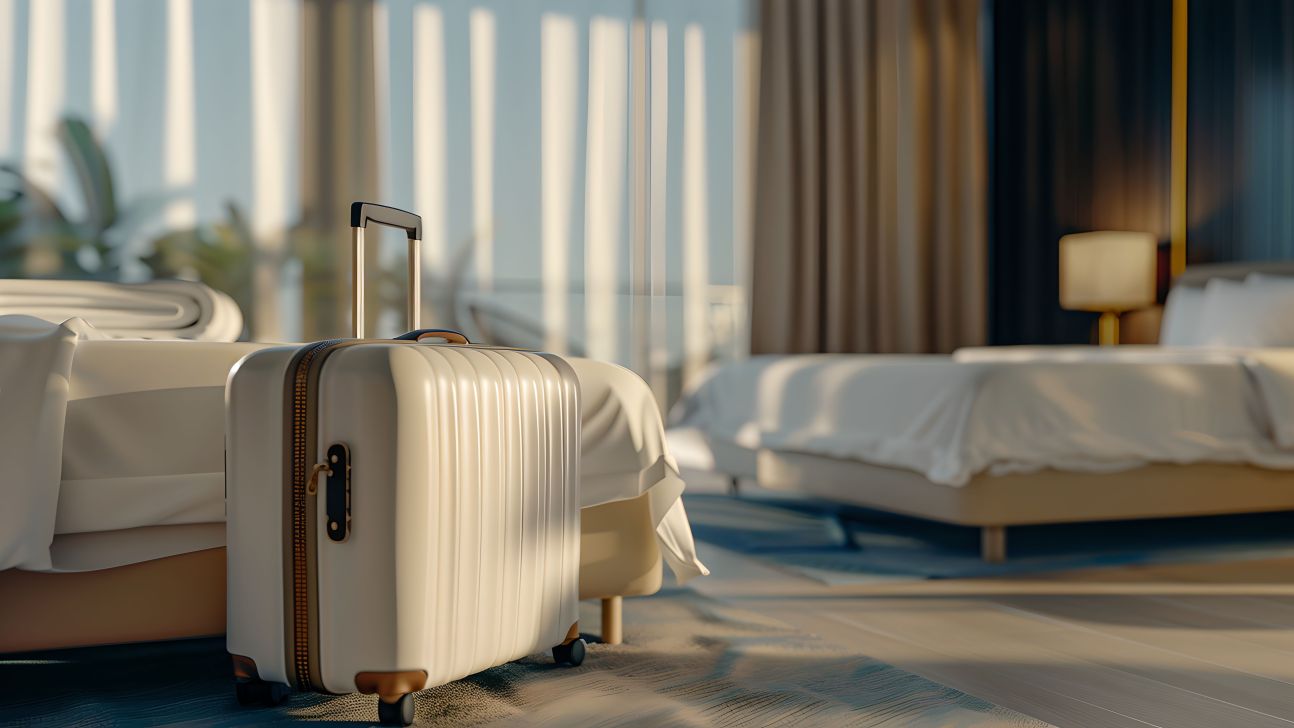 A hard‑shell suitcase stands beside a bed in a sunlit resort-style room.  