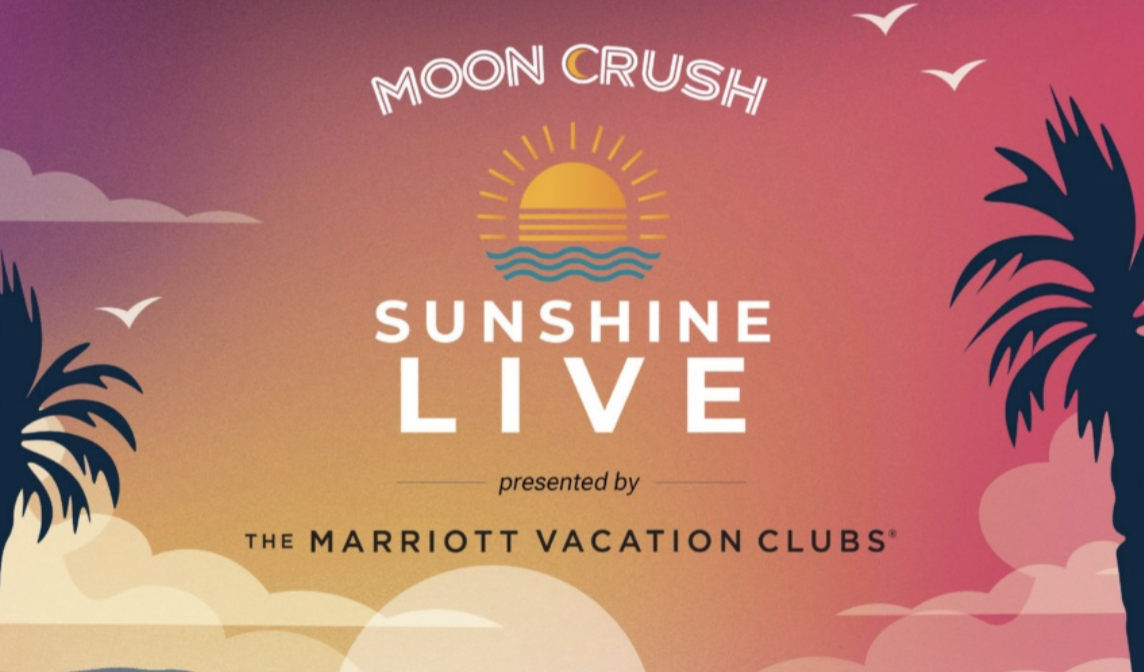Moon Crush “Sunshine Live” logo against tropical sunset and palm trees.