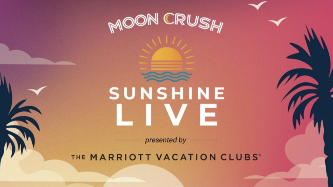 Moon Crush “Sunshine Live” logo against tropical sunset and palm trees. 