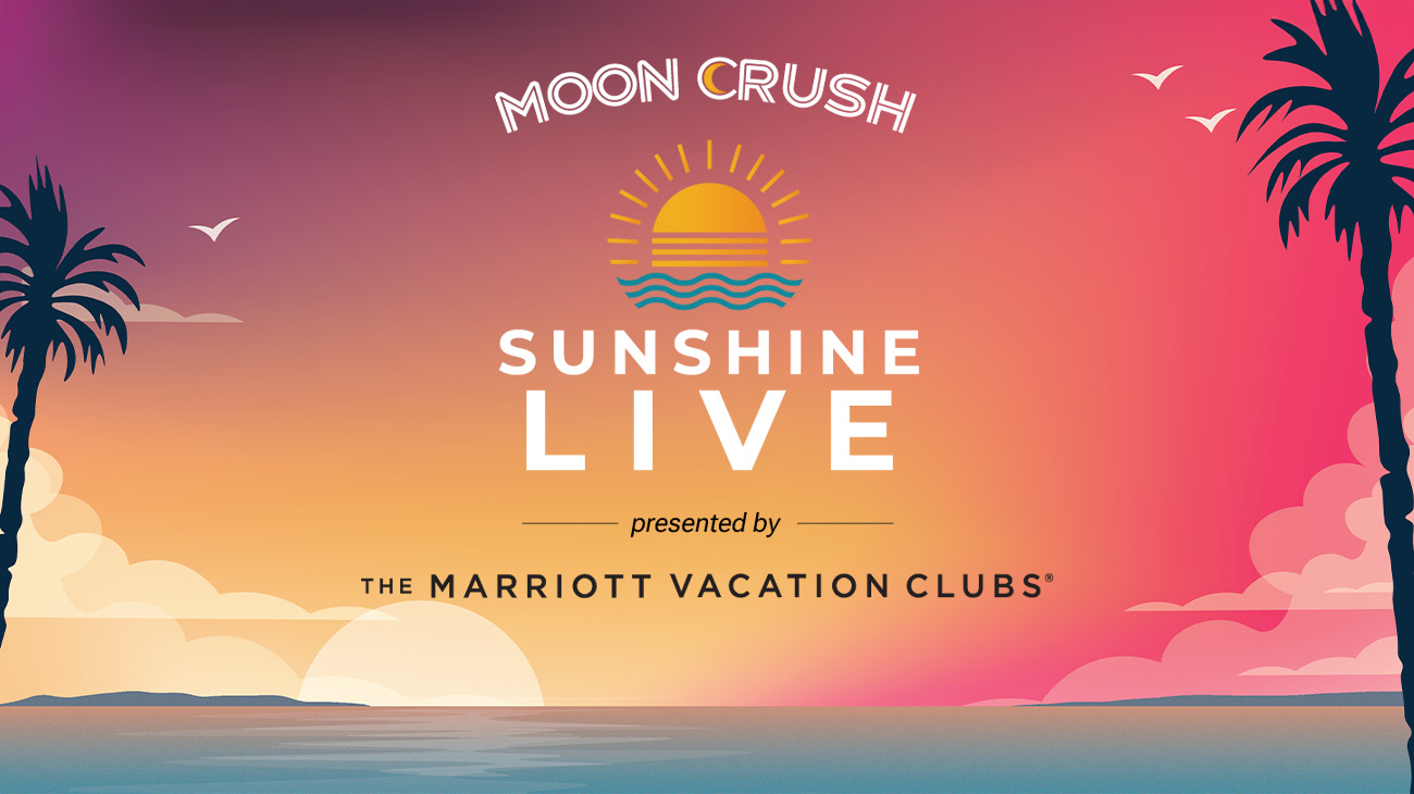 Moon Crush “Sunshine Live” logo against tropical sunset and palm trees. Moon Crush “Sunshine Live” logo against tropical sunset and palm trees.