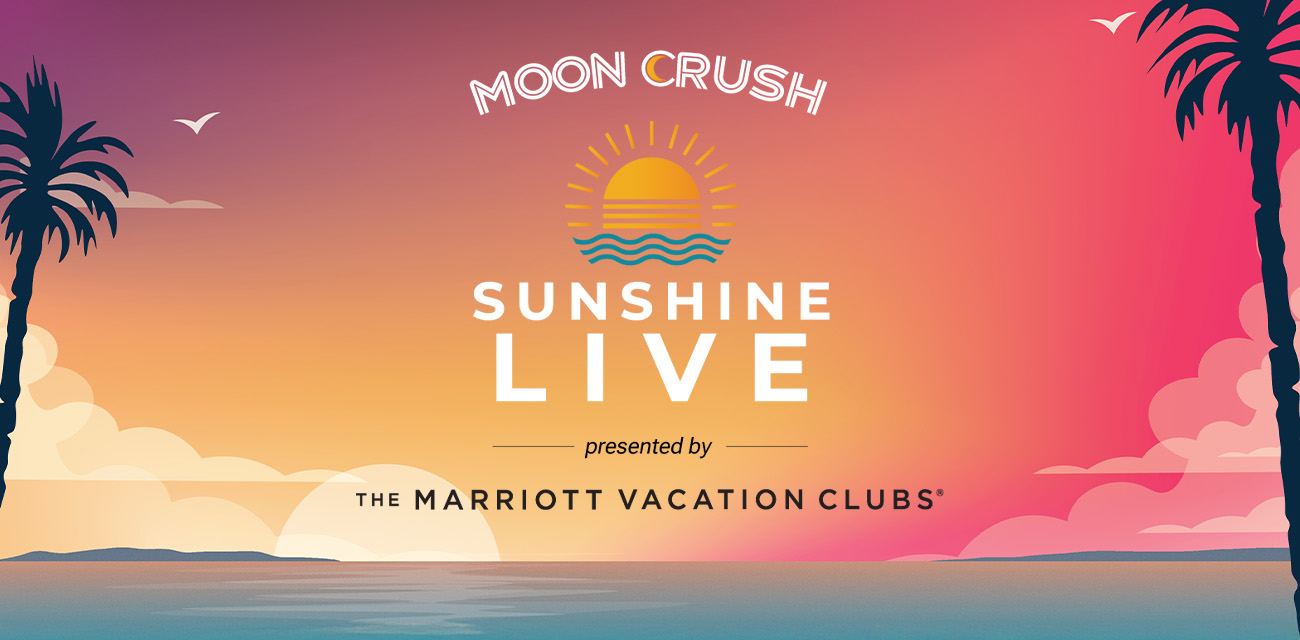 Moon Crush “Sunshine Live” logo against tropical sunset and palm trees.