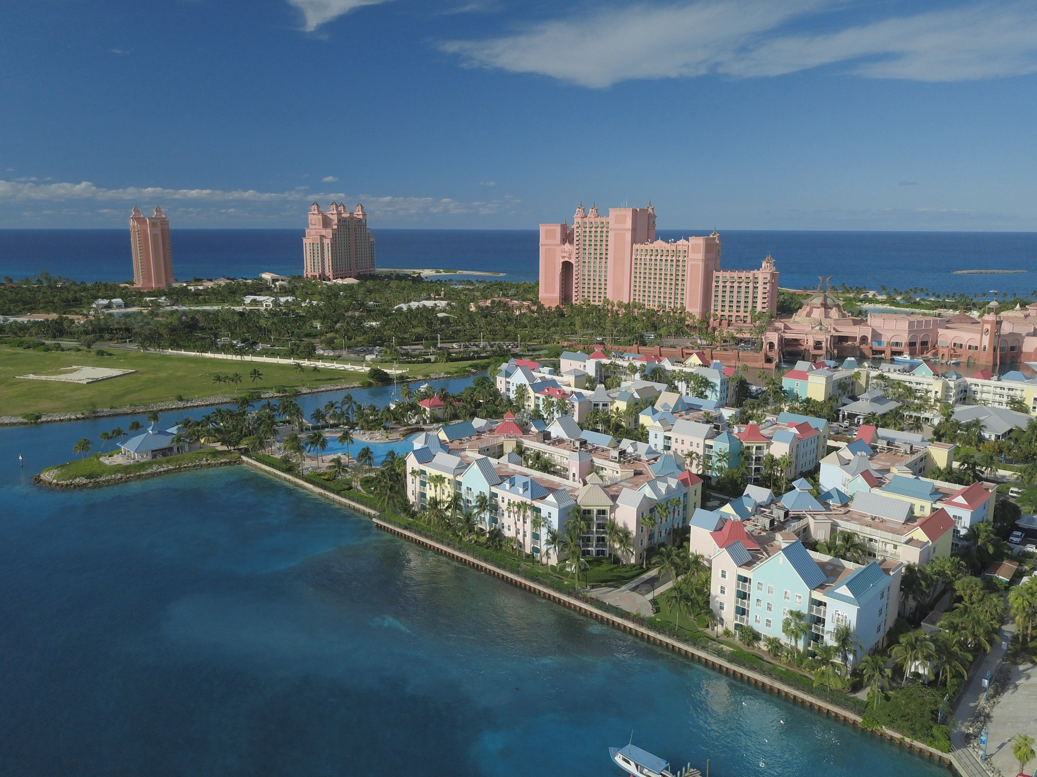 An aerial view of the Harborside Resort at Atlantis. 