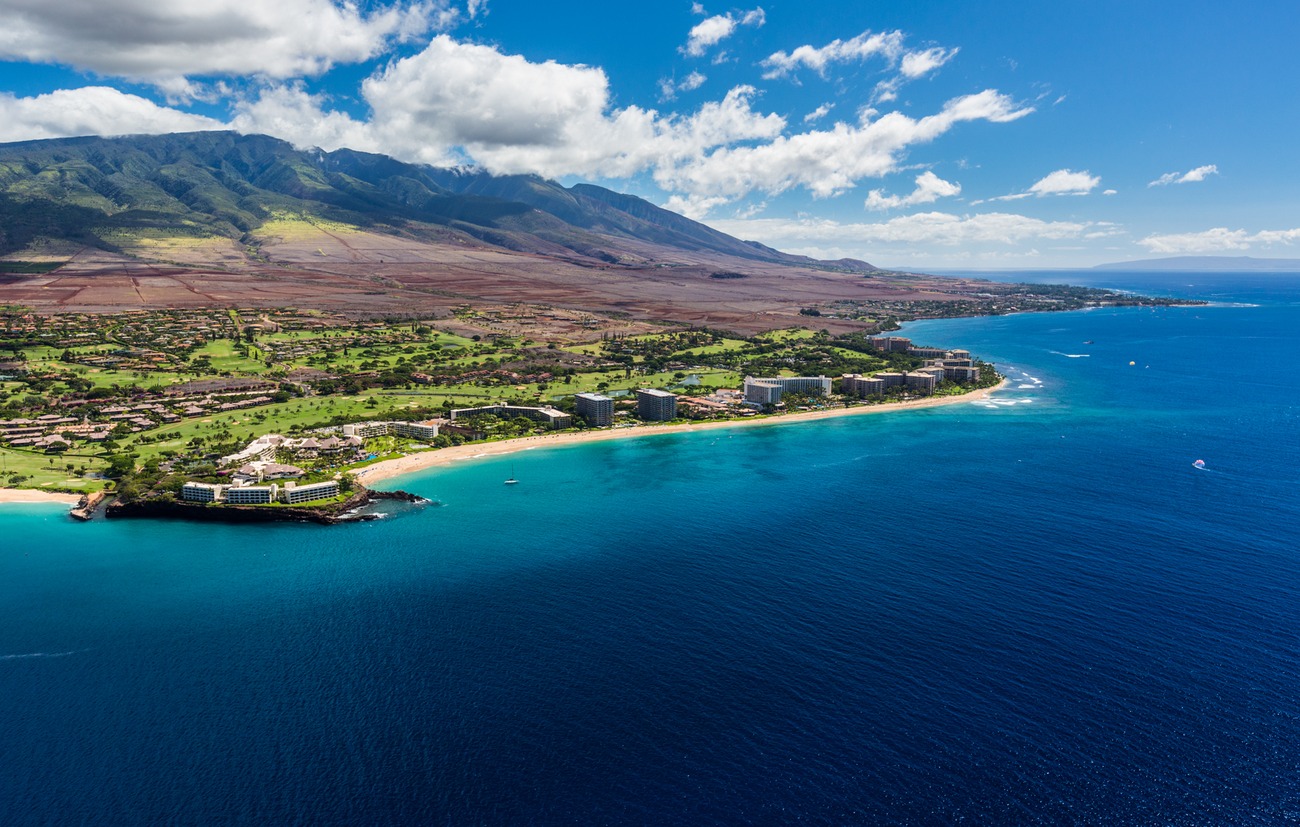 Aerial view of Kā‘anapali Beach and the Maui coastline.